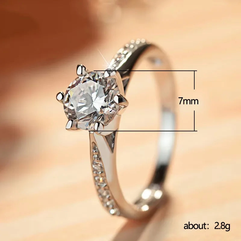 Luxus 925 Sterling Silber Klassischer Ring für Damen Sechs-Krallen-Schmuck Einfacher Imitations-Diamant Damenring Verlobung Hochzeitsgeschenk