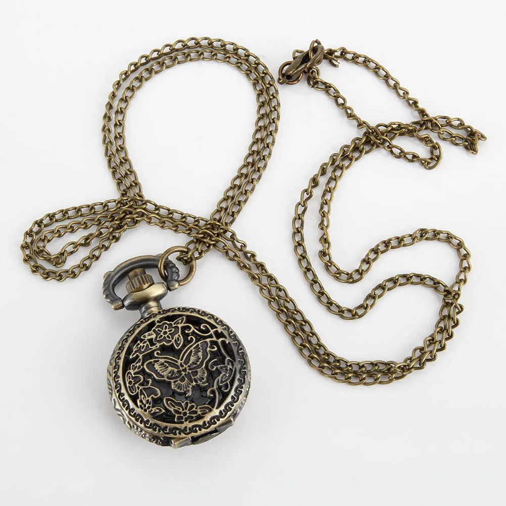 Vintage Pocket Small Watch Steampunk Quartz Watch With Chain Hollow Heart Cover Necklace Bronze Color Alloy Fob Clock Men Gift