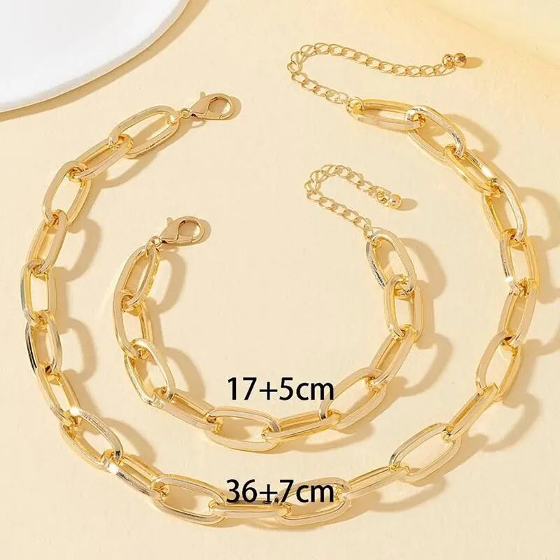 2-teiliges Set Goldfarbene Gliederkette Halskette Armband Set Punk Armband Große Gliederkette Dubai Afrika Party Schmuckset Geschenk für Frauen