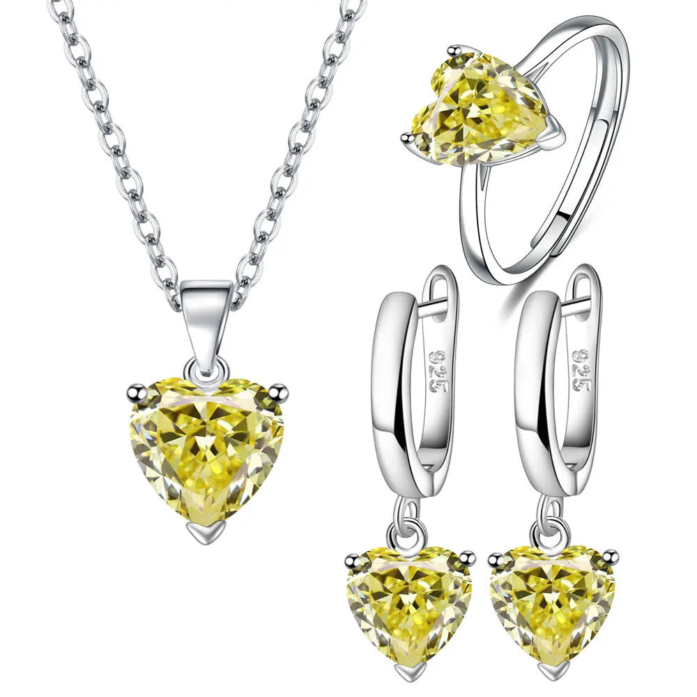 Juegos de joyería de plata 925 con circón en forma de corazón, elegantes, para mujer, pendientes de anillo, collar, accesorios de boda, novia, compromiso