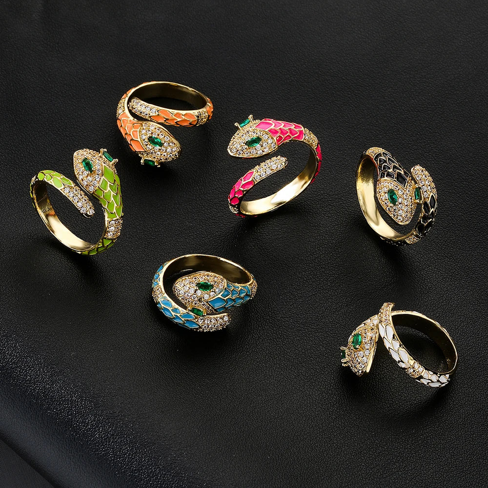 NEWBUY Fashion 6 Farben Emaille Expoxy Schlange Offene Ringe Für Frauen Luxus AAA Zirkonia Pave Fassung Kupfer Schmuck Weiblich
