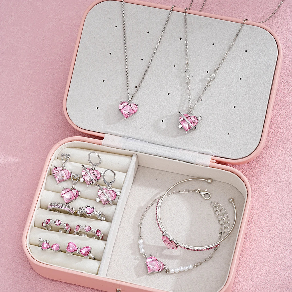 14-teiliges rosa Kristall-Herz-Anhänger-Halsketten-Ohrringe-Ring-Armband-Sets für Frauen Mädchen Mode Schmuck-Set Hochzeitsschmuck-Geschenk
