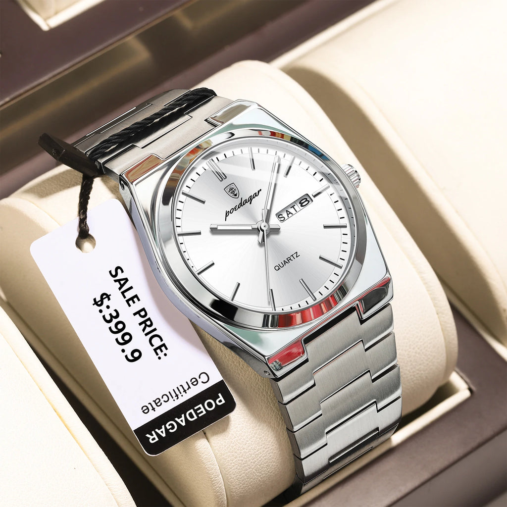 POEDAGAR Lujoso Reloj de Pulsera de Negocios para Hombre, Impermeable, Luminoso, de Acero Inoxidable, con Fecha, Semana, Moda, Relojes de Cuarzo para Hombre+Caja