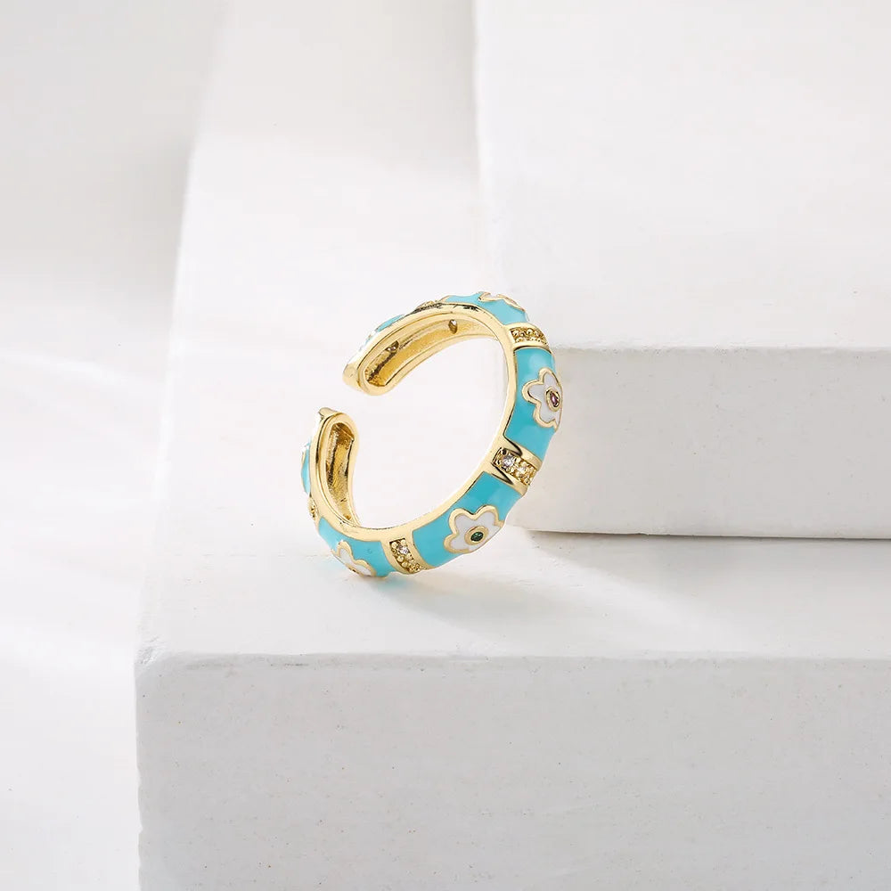 NEWBUY Bunte Emaille-Eheringe für Frauen, ovaler Blumen-Fingerring, weibliche Party-Schmuckaccessoires Großhandel
