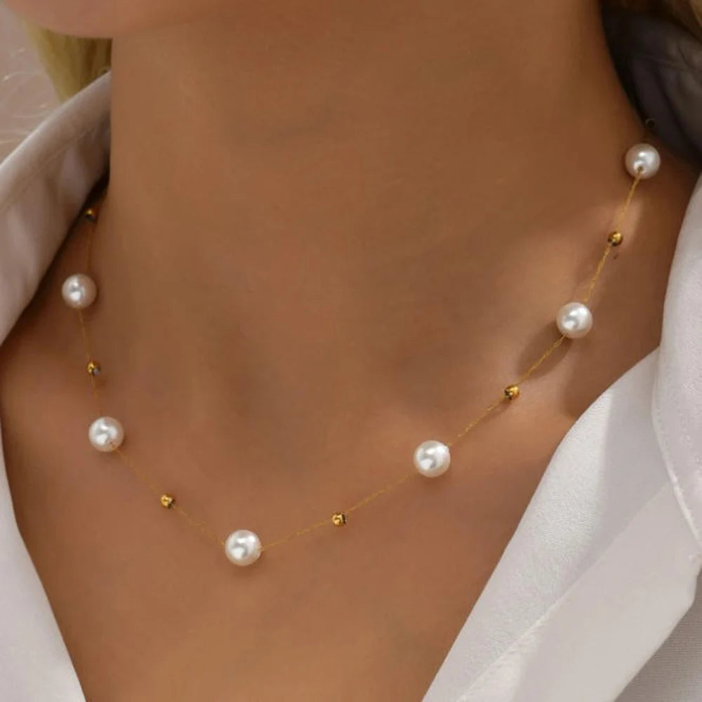 Halskette für Damen, Edelstahl, Temperament, Perlenkette, Choker, wasserdicht, Collier, Schmuck, Bijoux, Geschenk