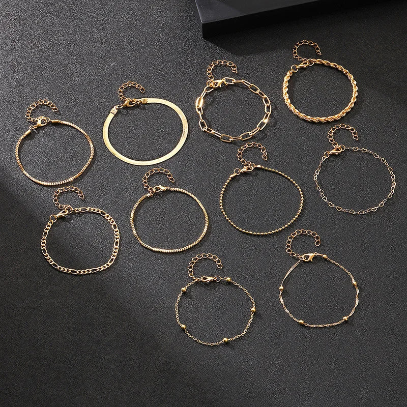 10 Stück Vintage Statement Goldfarbene Flache Schlangenkette Boxkette Armband Boho Mehrschichtiges Metallarmband Damen Sommer Schmuck