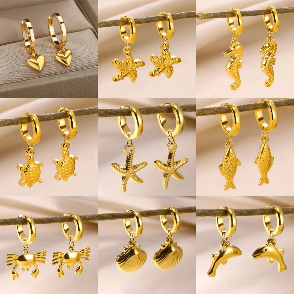 Pendientes de aro de estrella de mar de agua dulce con concha para mujer, elegantes, de acero inoxidable, color dorado, Aretes, accesorios de joyería de Navidad