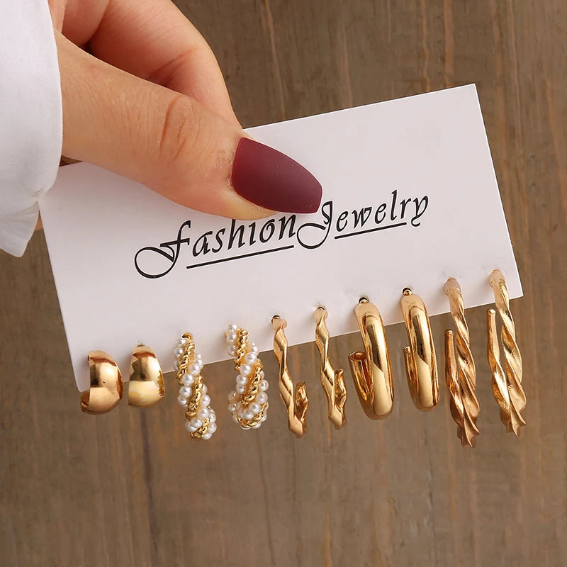 Aretes de Perlas Geométricos Vintage Color Oro, Set de Aretes Colgantes Cuadrados de Metal Trenzado Redondos para Mujer, Joyería de Fiesta Sencilla y de Moda