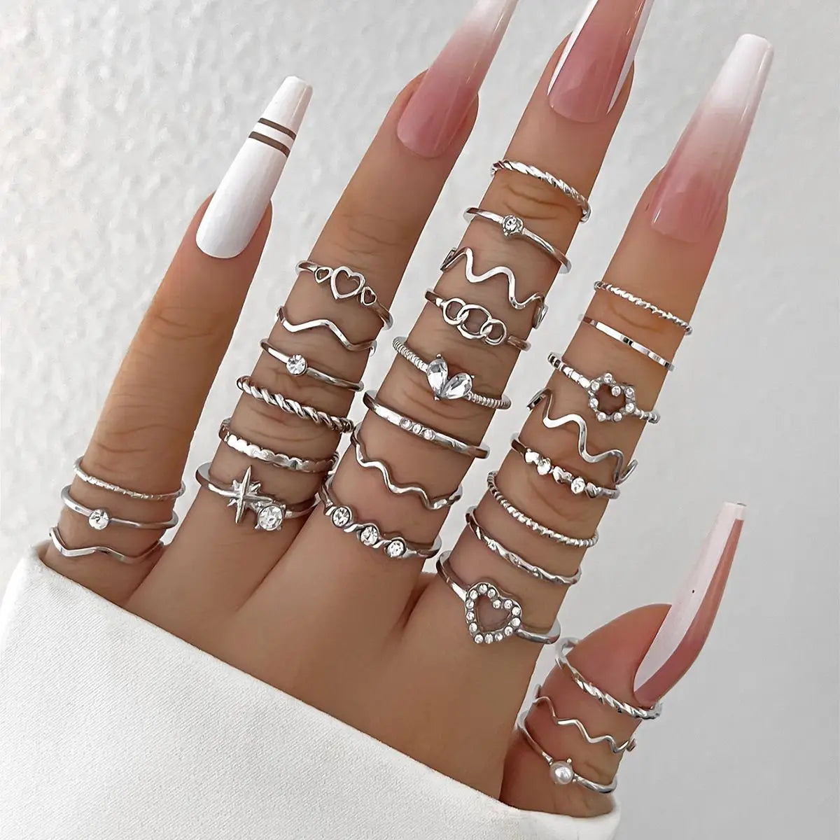 Mode Einfache Welle Gelenkringe Set für Frauen Kristall Herz Form Gold Silber Farbe Ring Weiblicher Party Schmuck