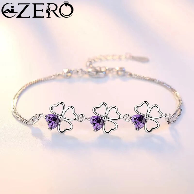 NEU Feine 925 Sterling Silber Lila Kristall Glücksklee Armbänder für Damen Mode Party Hochzeit Accessoires Schmuck 17CM+4CM