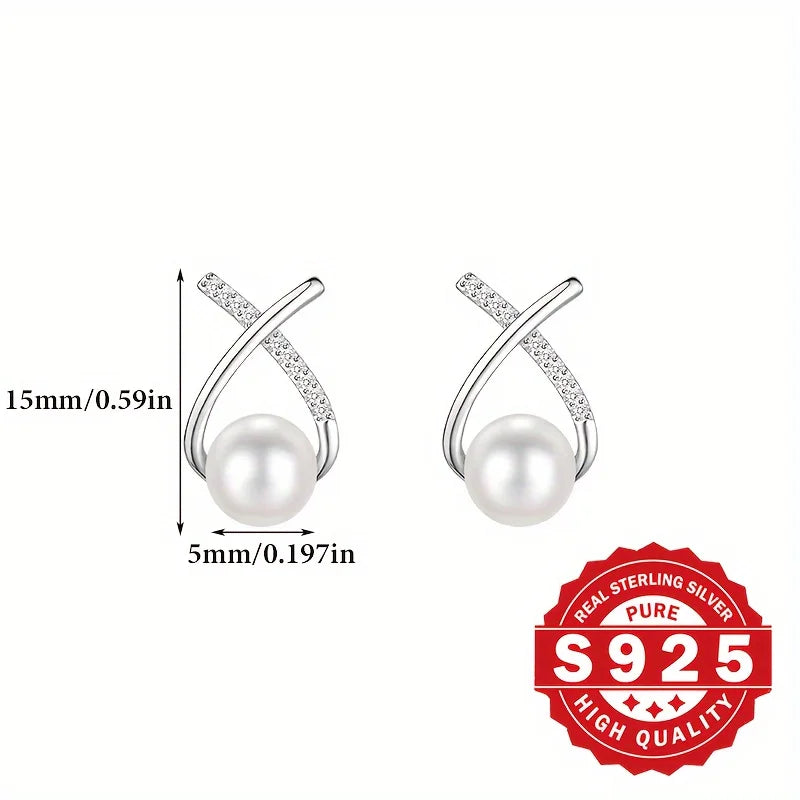 S925 Silber, Damen Kreuz-Schwanz Muschel-Perlenohrringe, mit synthetischem Zirkon besetzt, elegant und alltagstauglich