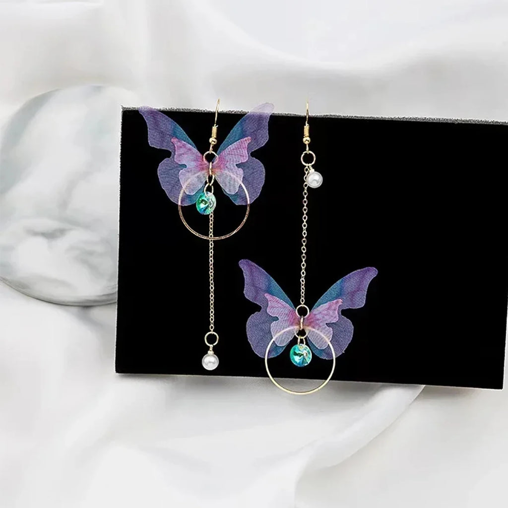 Elegante lila Glas-Schmetterling lange Quasten-Ohrringe für Damen Zarte Strass-Kristall-Insekten-Ohrringe Luxuriöser Party-Schmuck