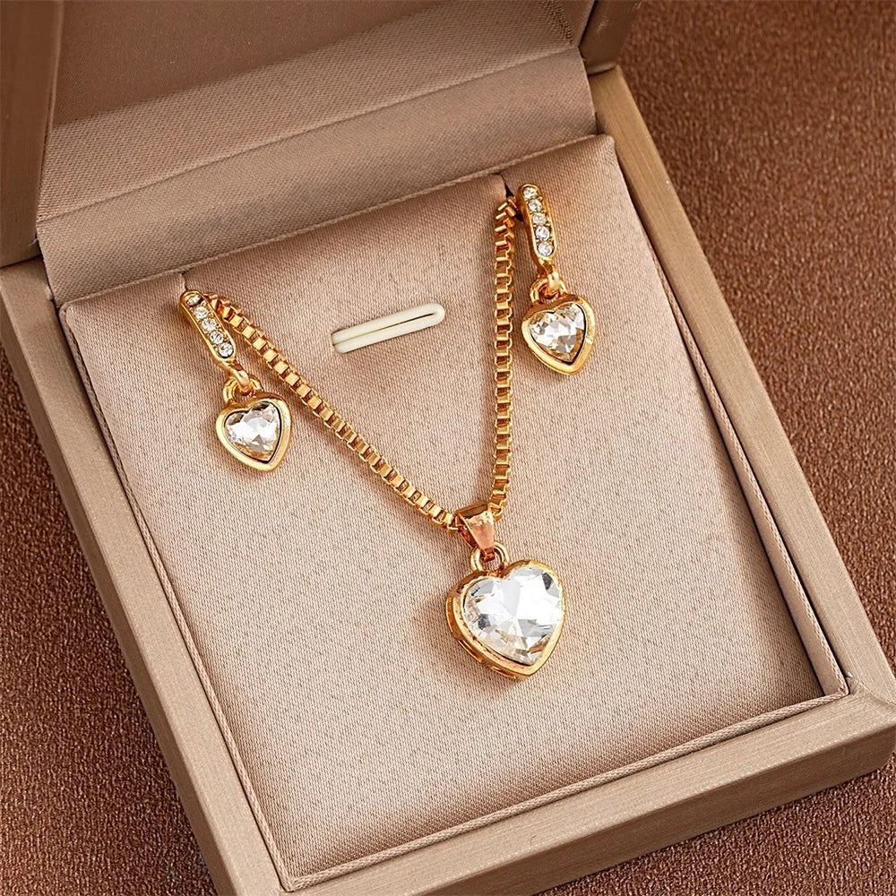 Juego de joyas de 3 piezas con colgante de corazón de pendientes y collar con colgante para mujer, exquisito conjunto de joyas de doble corazón con diamantes de imitación, regalo