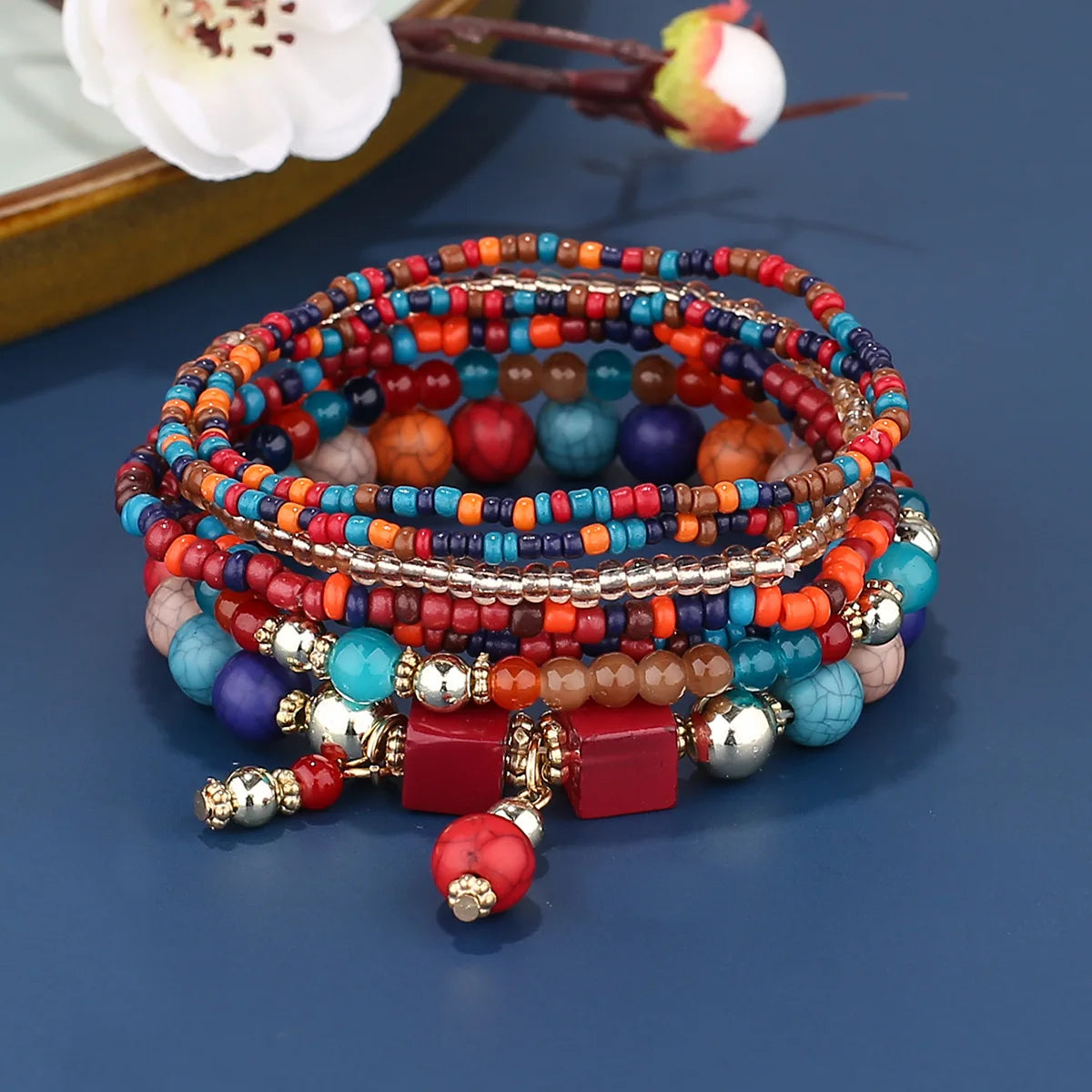8er-Set Boho Bunte Reisperlen-Armbänder für Damen, elastische Perlenkette, Armreif, Mädchen, Modeschmuck-Accessoires