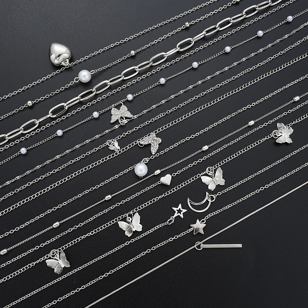 13Pcs/Set Simple Temperament Necklace Set Butterfly Pearl Heart Star Zircon Silver Color Necklace for Women Fashion Jewelry Gift