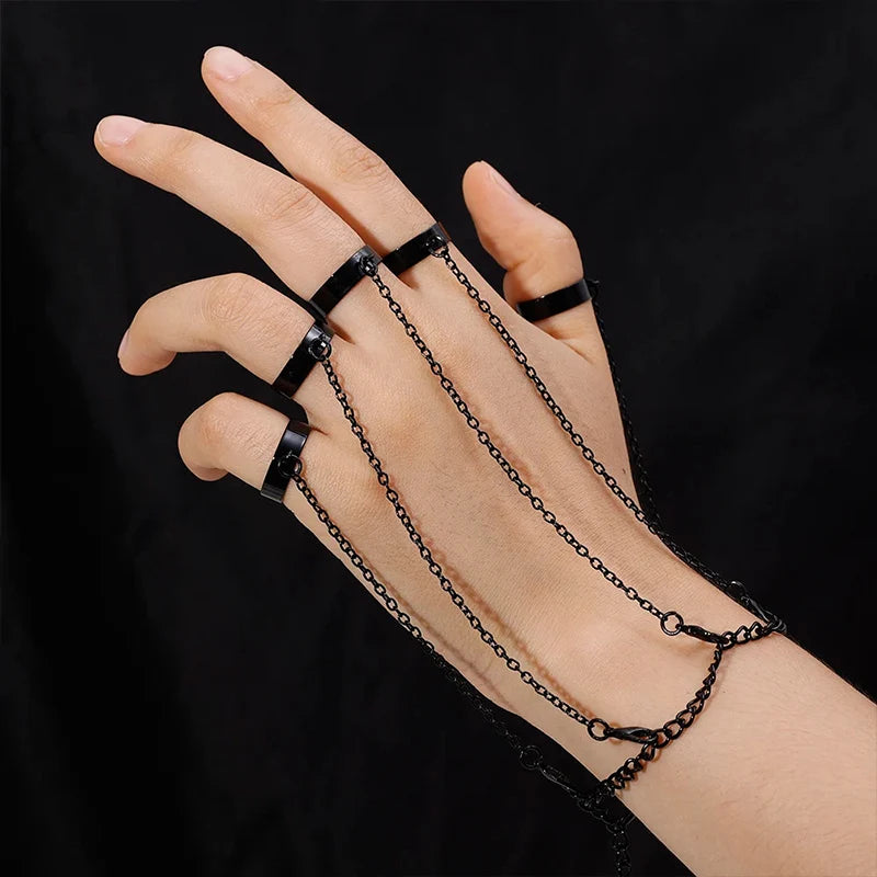 Punk Geometrische Schwarze Farbe Kette Armband Ring Für Frauen Männer Offener Ring Silber Gliederkette Mädchen Cooles Design Modeschmuck