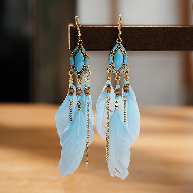 Böhmische ethnische Federohrringe für Frauen, lange Quaste, Perlen, handgemachte Ohrhänger, Mädchen, Mode, Hochzeitsschmuck, Geschenk