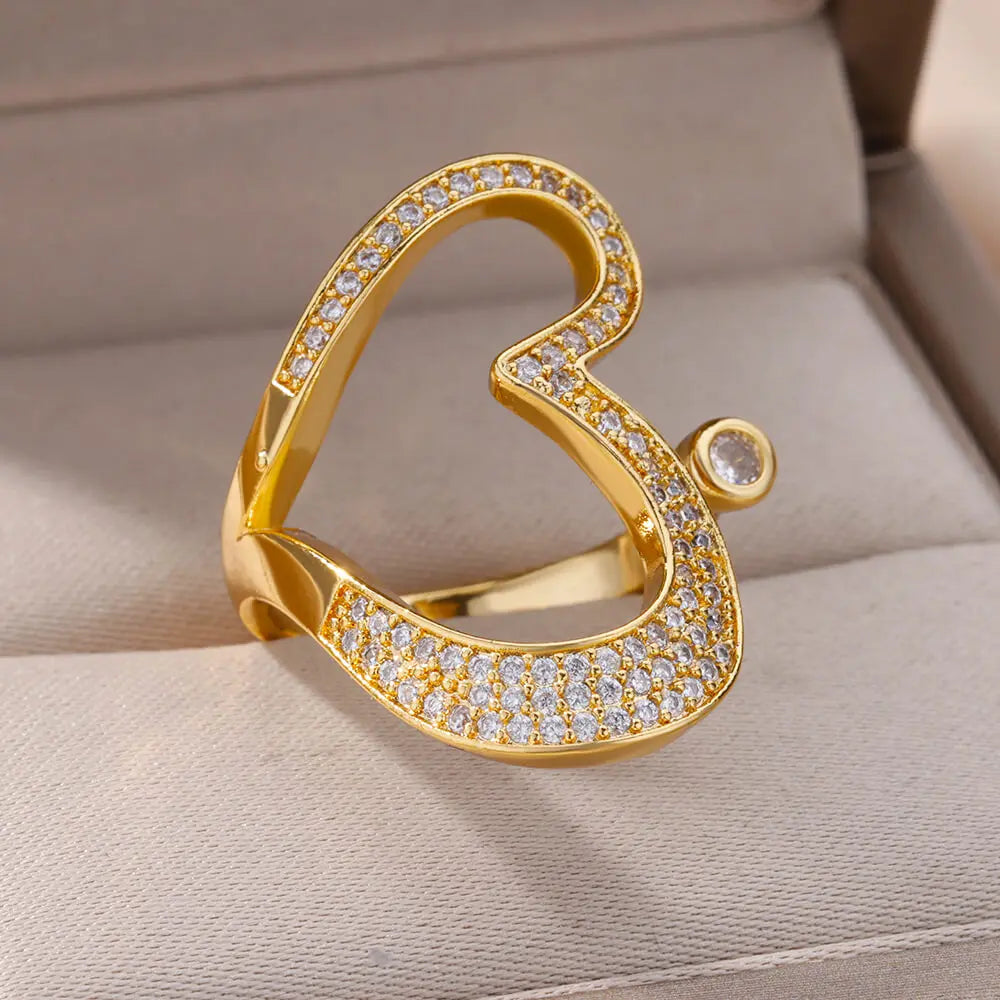 Edelstahl Herzringe für Frauen, goldfarben, CZ Kristall Zirkon, offener Fingerring, Hochzeit, ästhetischer Schmuck, Geschenk, anillos