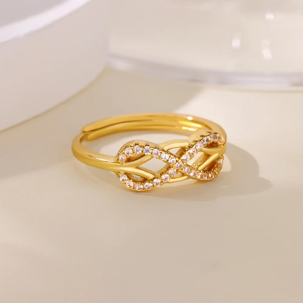 Zirkon-Ketten-Kreuzringe für Damen Vintage Goldfarbe Edelstahl Geometrischer offener Ring Mode Hochzeit Ästhetischer Schmuck Geschenk