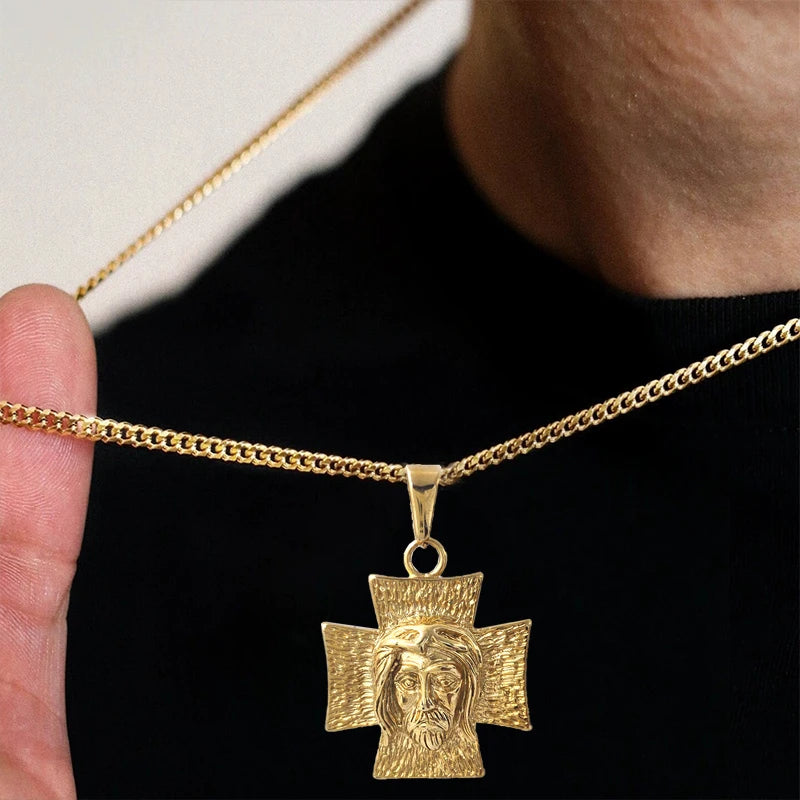 Collar con colgante de cruz y cara de Jesús, chapado en oro de 18 quilates, dije religioso para hombres y mujeres, joyería inspirada en la fe, regalo cristiano