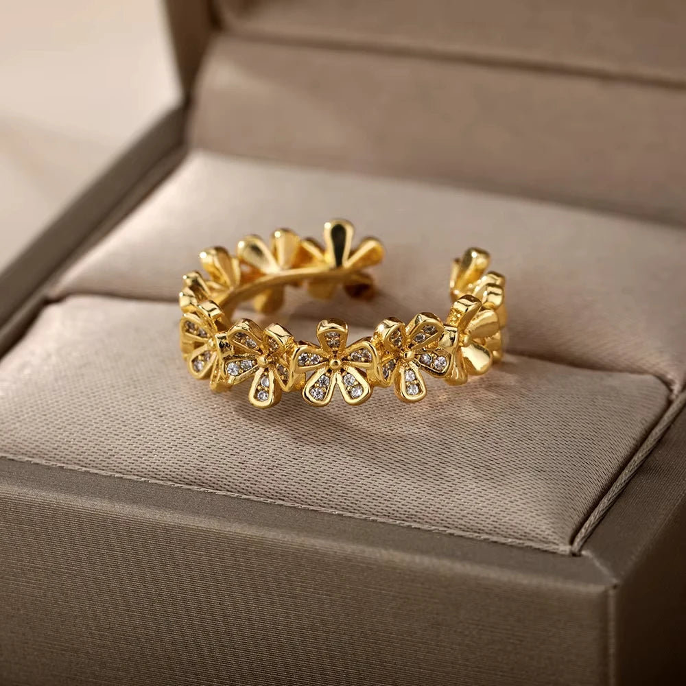 Stainless Steel Zircon Geometric Rings For Women Luxury Evil Eye Gold Color Adjustable Trendy Wedding Aesthetic Jewerly Gift