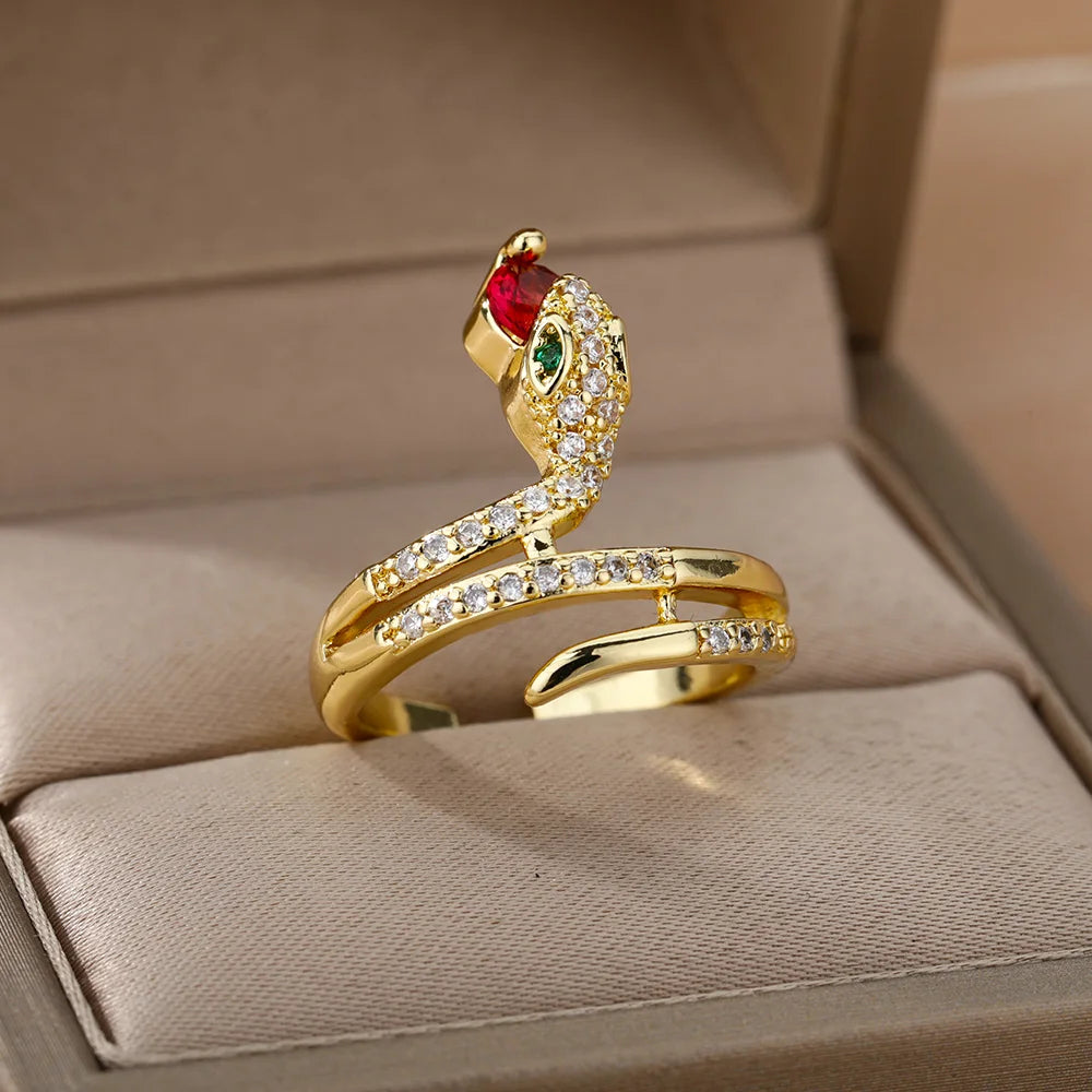 Edelstahl Schlangenringe für Damen Herren Goldfarben Offen Verstellbar Zirkon Ring Vintage Gothic Ästhetischer Schmuck anillos mujer