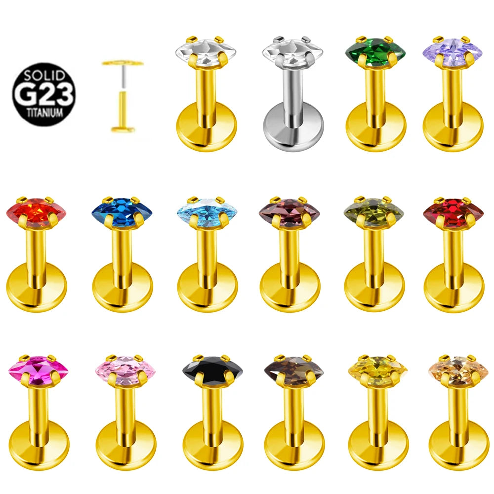 100 % G23 Titan Horse Eyes CZ Labret Piercing Push-in Multicolor Tragus Ohrstecker Gewindelos Knorpel Körperschmuck