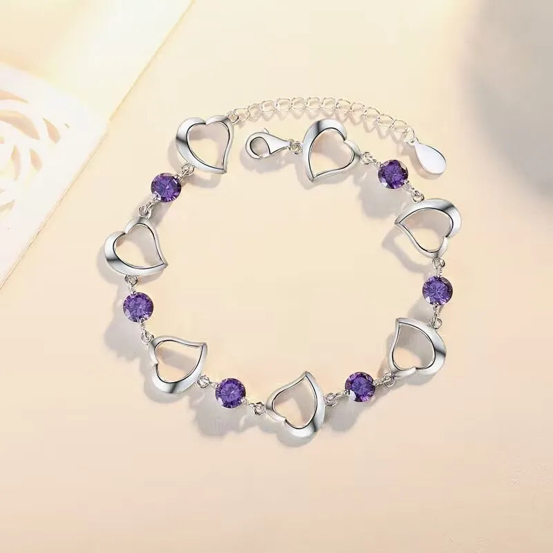 NEU Feine 925 Sterling Silber Lila Kristall Glücksklee Armbänder für Damen Mode Party Hochzeit Accessoires Schmuck 17CM+4CM