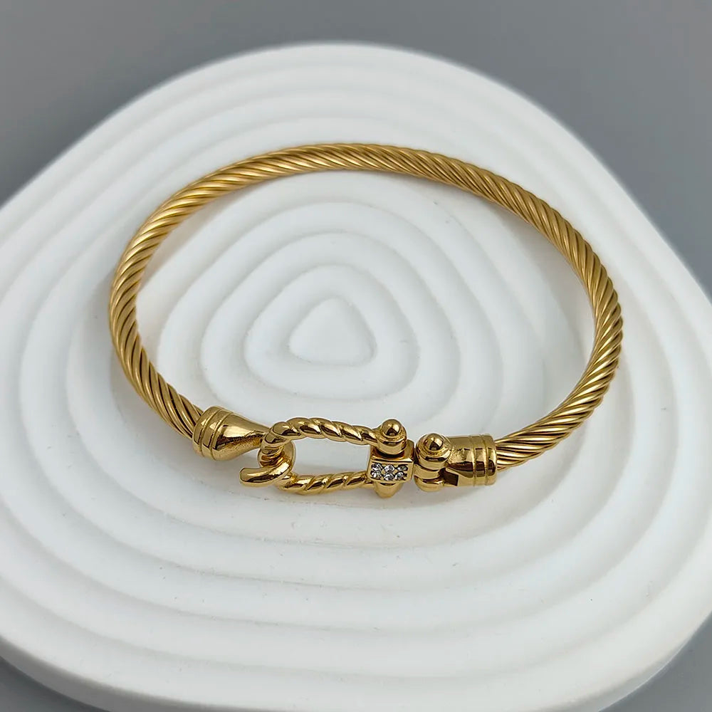 Neues Armband aus Stahldraht mit Knopfmuster, Hufeisen, vergoldet, Edelstahl, 18K, hochwertiges, wasserdichtes Paar-Armband, Frau