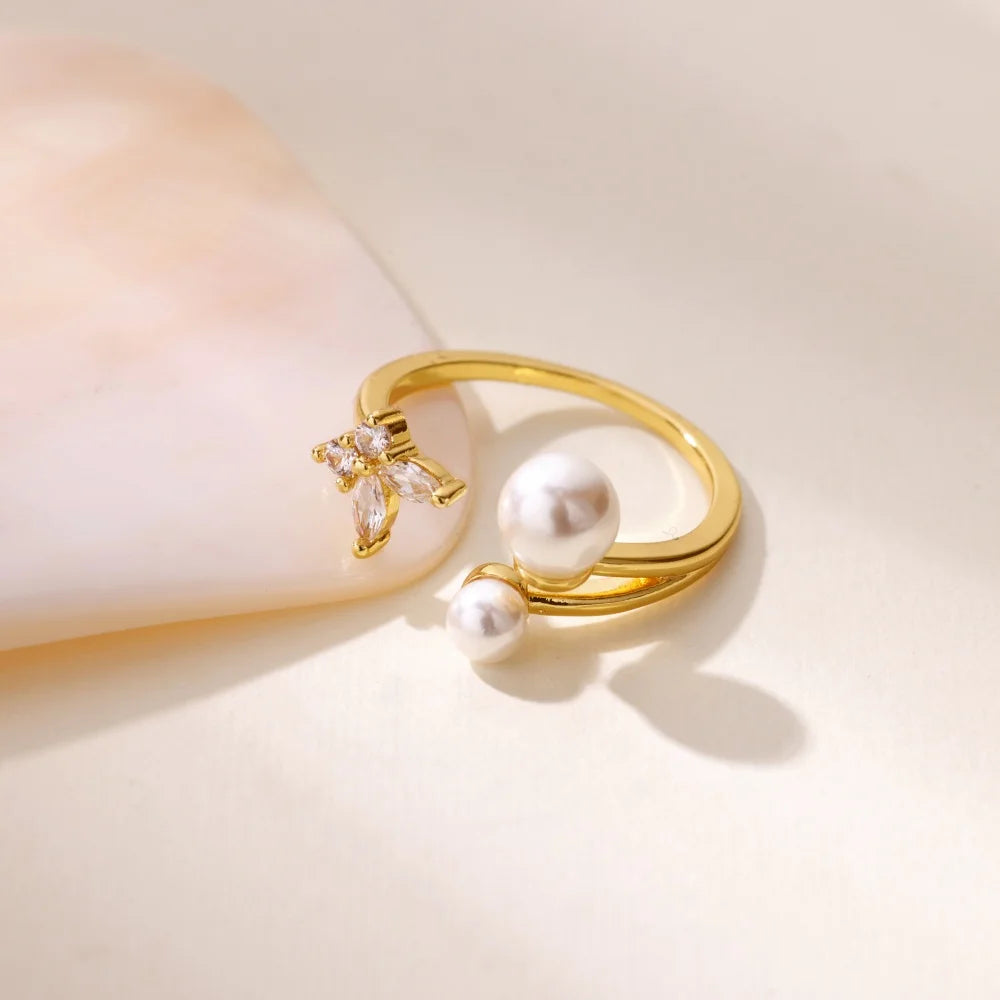 Zirkon Schmetterling Imitation Perle Ring für Frauen Edelstahl Goldfarbe Ring 2025 Neue Mode Hochzeit Paar Schmuck Geschenke