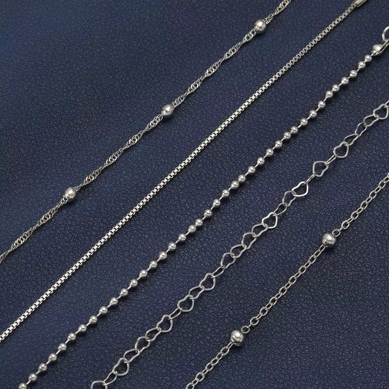 5-teiliges Set, silberfarbene Kettenperlenarmbänder für Damen, schlichter, eleganter Urlaub, Strandparty, Freizeit-Schmuck, vielseitig für den Alltag