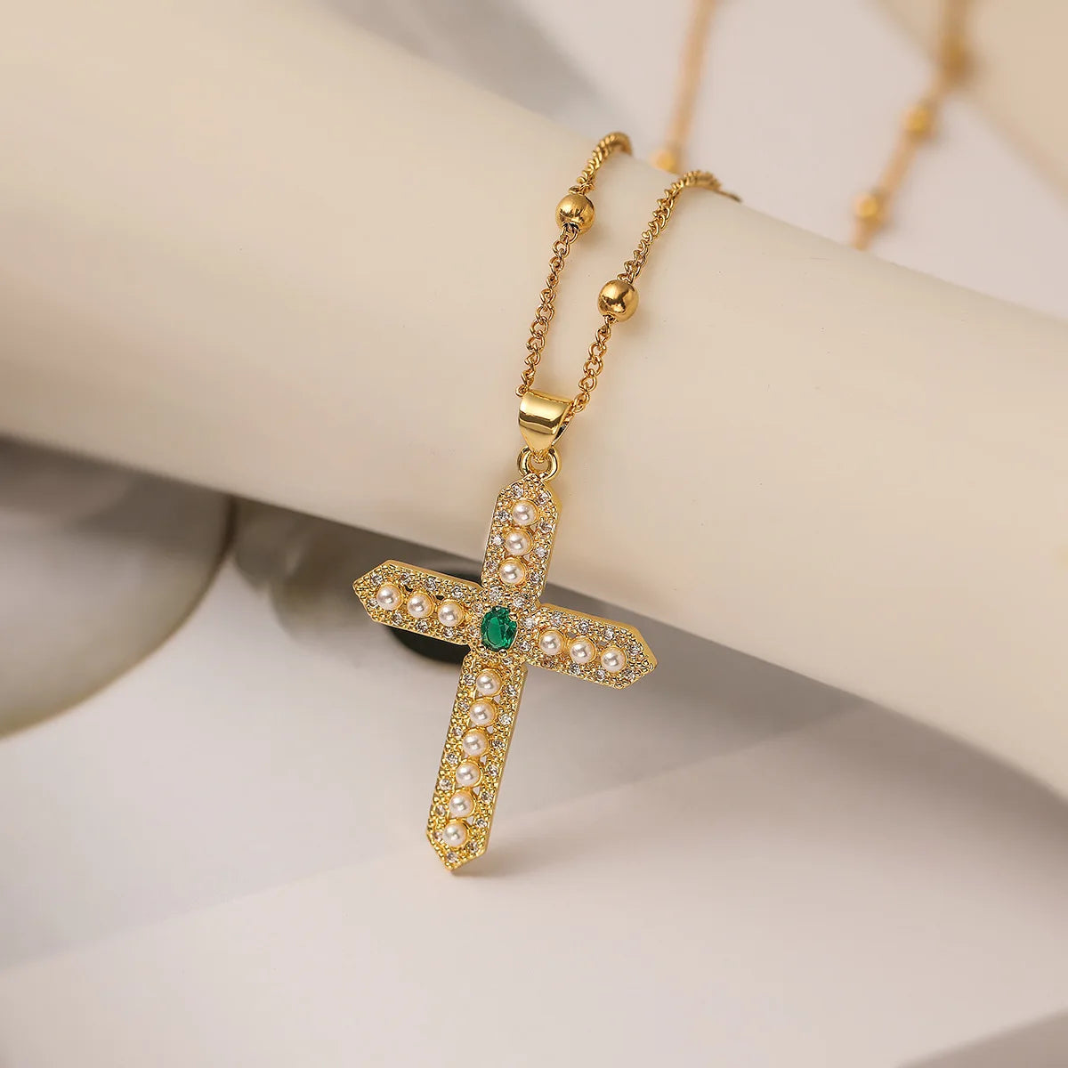 NEWBUY Classic Design Cross Pendant Gold Color 316L Stainless Steel Chain Necklace For Women Luxury Pearl Jewelry