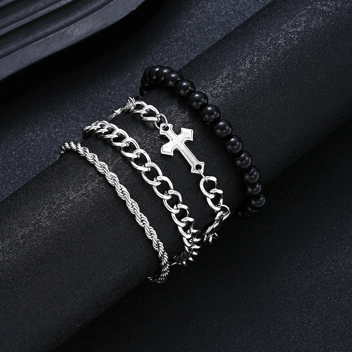 4 Stück Edelstahl Armband Set Für Männer Frauen Punk Mode Kreuz Perlen Kettenarmbänder Einfache Hip Hop Unisex Schmuck Geschenk Neu