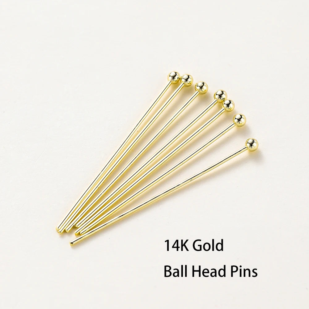 100 unidades/lote de 16-50 mm chapados en oro de 14K y 18K, alfileres de cabeza redonda para hacer joyas, accesorios de latón, metal, alfileres de cabeza plana y de ojal