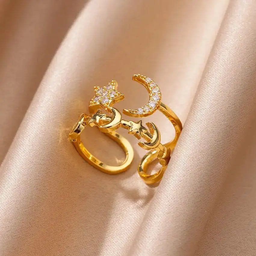 Zirkon Stern Mond Ringe für Frauen Goldfarben Verstellbar Edelstahl Mond Stern Ring Hochzeit Ästhetische Party Schmuck Geschenk BFF