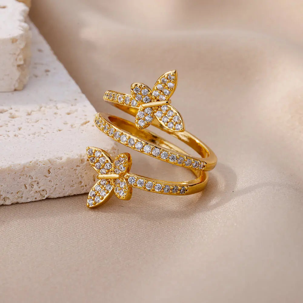 Zirkon-Doppelschmetterling-Ringe für Frauen, Edelstahl, goldfarben, offener mehrschichtiger Ring, Mode, Hochzeitsparty-Schmuck, Neu 2024