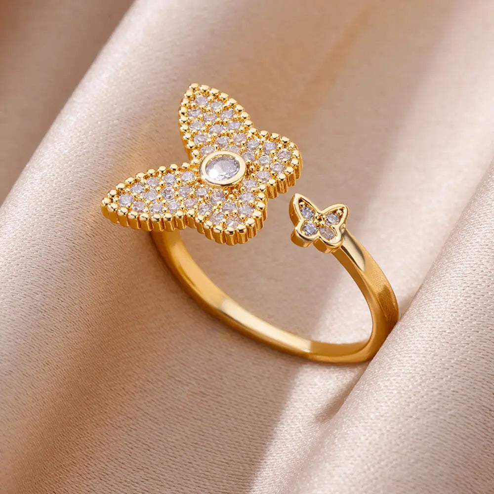 Mode Luxus Zirkon Schmetterlingsringe für Damen Edelstahl Offener Fingerring Trendiger Hochzeitsfeier Ästhetischer Schmuck Geschenk