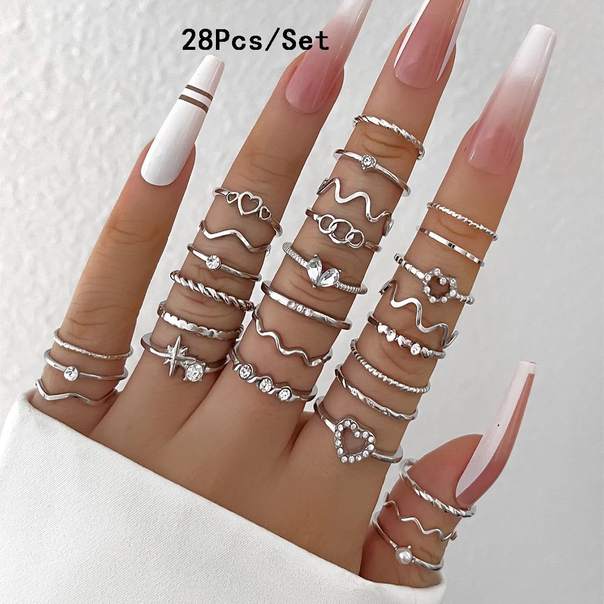 28tlg. Modisches geometrisches Knöchelringe-Set für Damen Kristall Herz Gold Silberfarbene Ringe Mädchen Party Schmuck Zubehör