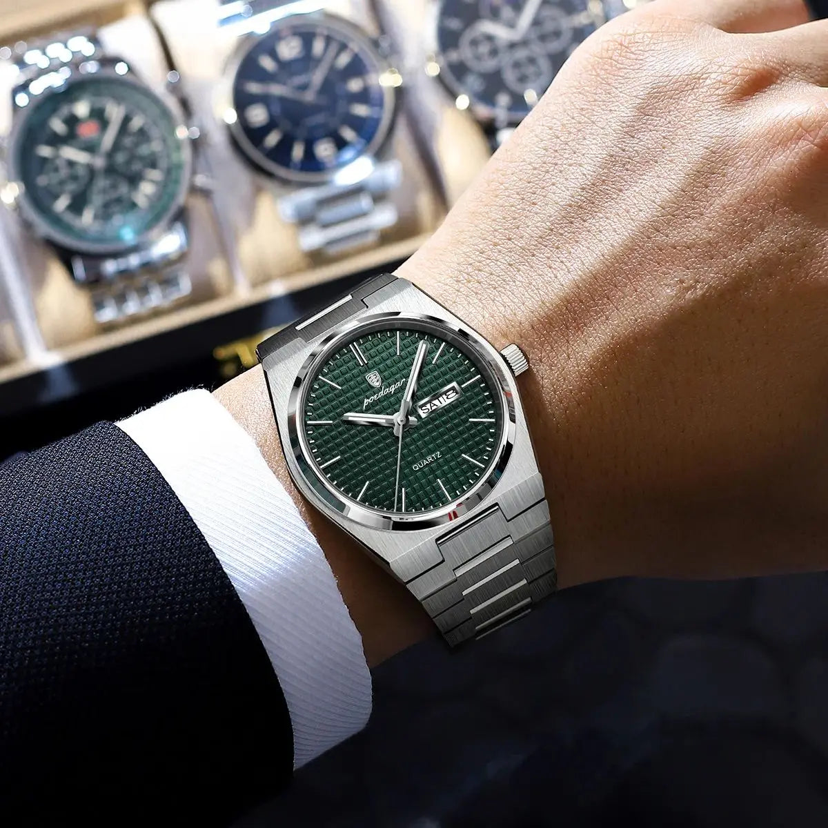 POEDAGAR Reloj de lujo original para hombre, resistente al agua, acero inoxidable, luminoso, de pulsera, con fecha y semana, de cuarzo, relojes de moda para hombre