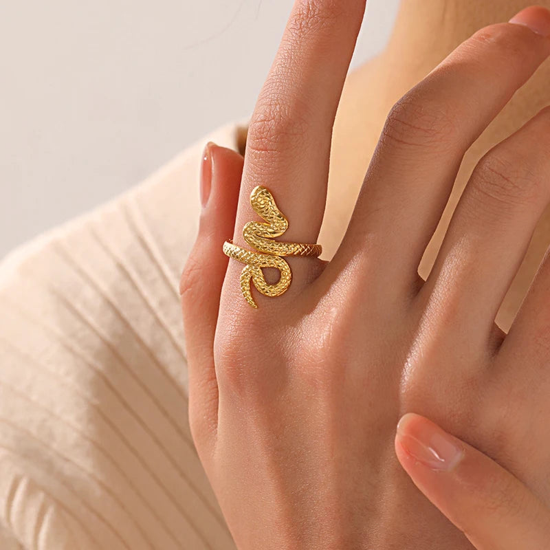 Stainless Steel Snake Rings for Women Men Gold Color Open Adjustable Finger Ring Vintage Gothic Aesthetic Jewelry Anillos Mujer