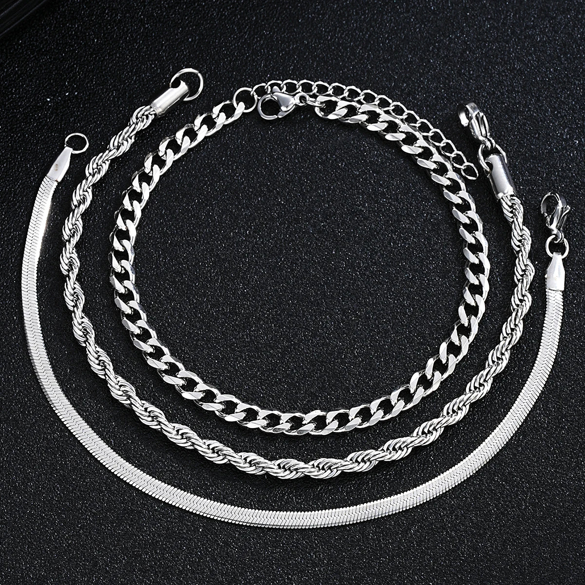 2024 Neue schlichte Edelstahl-Schmucksets in Silber für Herren Unisex Punk Vintage Glatter Ring Halskette Armband Set Geschenke
