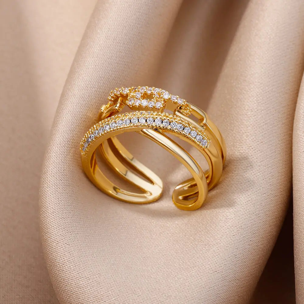 Anillos abiertos de cadena retorcida de circonita para mujer, anillos ajustables de acero inoxidable con diseño geométrico trenzado, regalo de joyería estética para bodas
