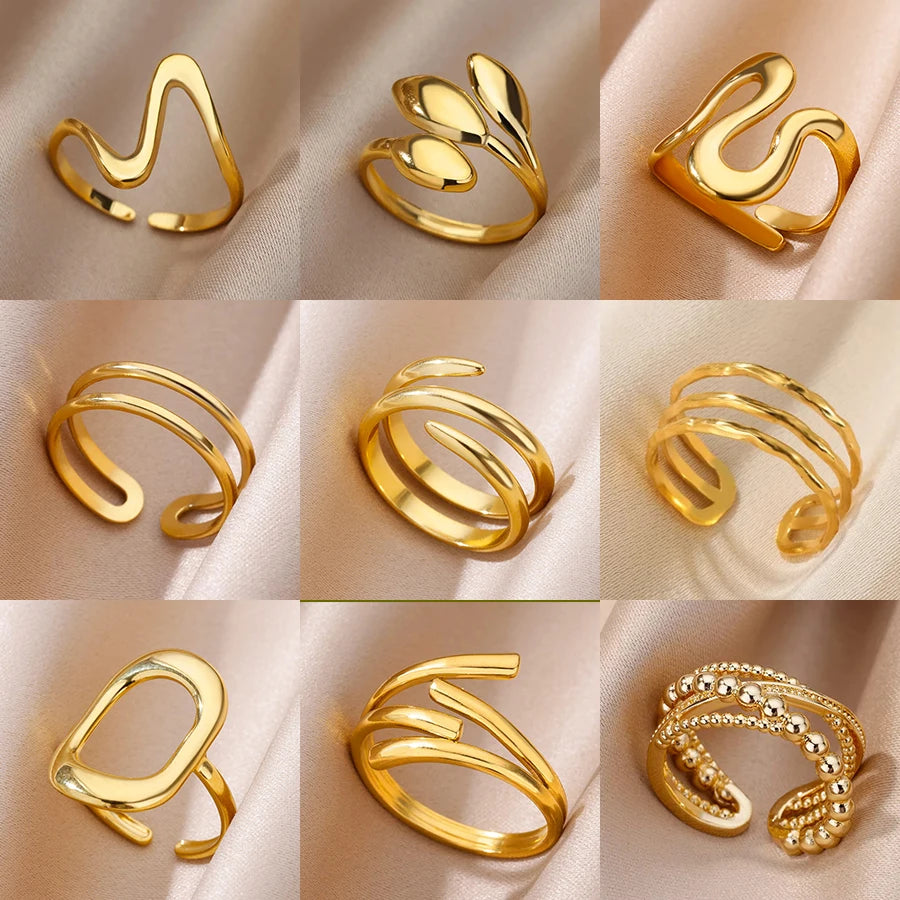 316L Edelstahlringe für Frauen Goldfarben Mehrlagiger Geometrischer Offener Ring Vintage Wasserdichter Hochzeit Ästhetischer Schmuck Geschenke
