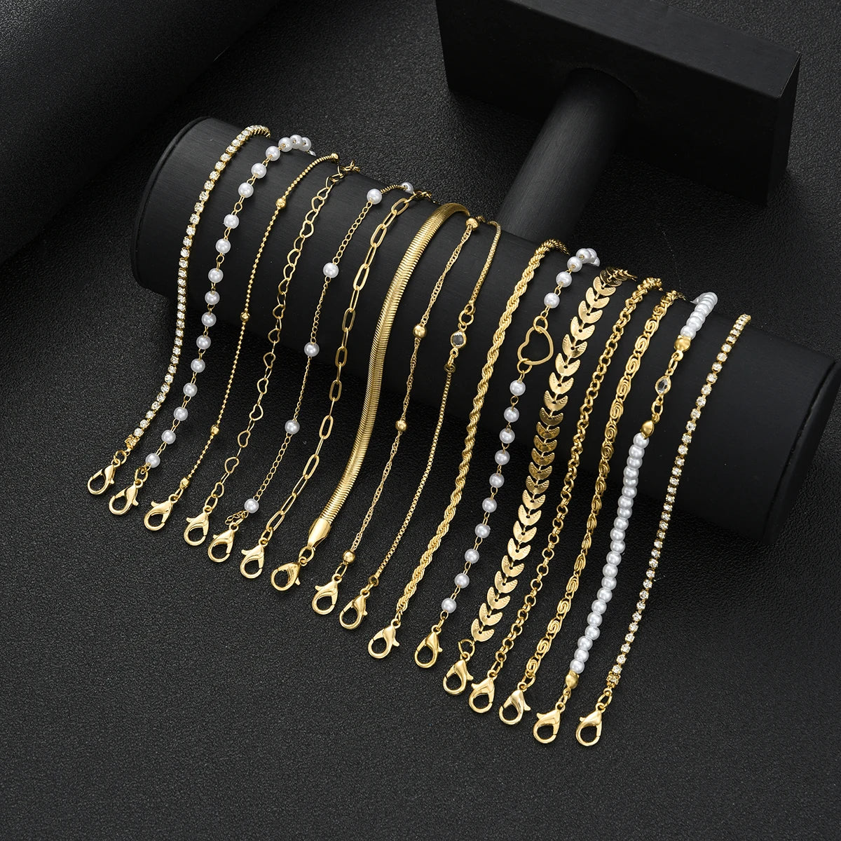 16tlg. minimalistisches Herz-Perlen-Strass-Schlangenketten-Armband-Set für Damen Elegante Goldfarbe Verabredungen Urlaube Alltagsschmuck