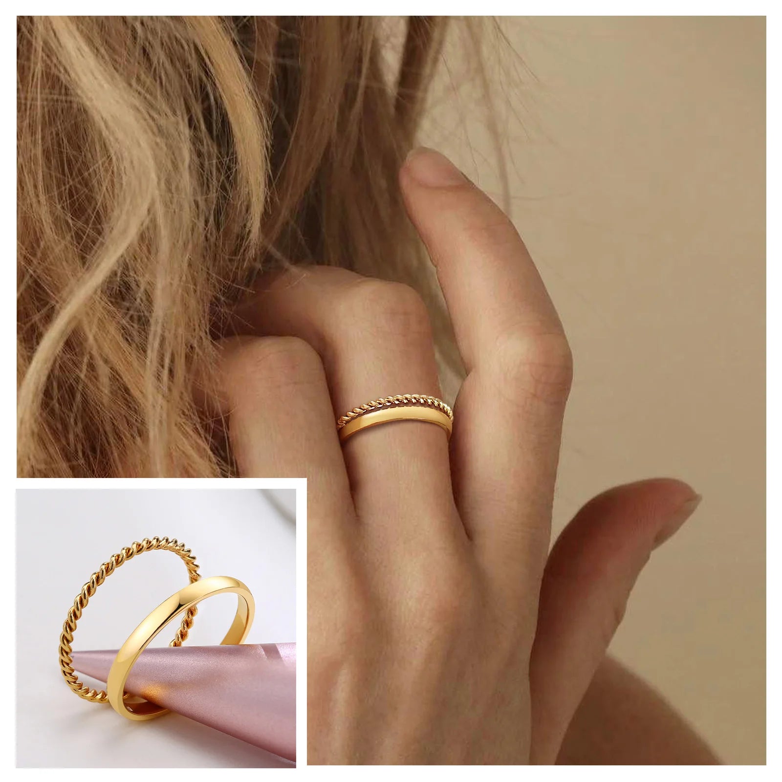 2er-Set Stapelringe für DamenEdelstahl 2mm dünn Goldfarben Kuppelform Minimalistischer Schmuck