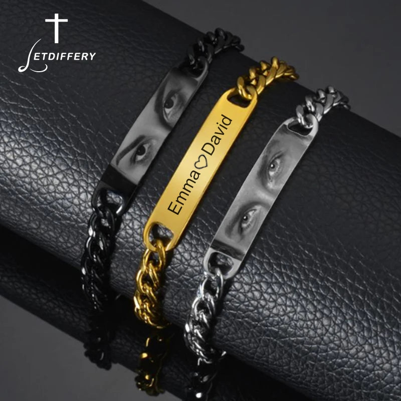 Letdiffery Personalisierte Augen Foto Armbänder Edelstahl Benutzerdefinierte Laser Gravur Bild Name Datum Männer Frauen Kinder Armband Geschenk