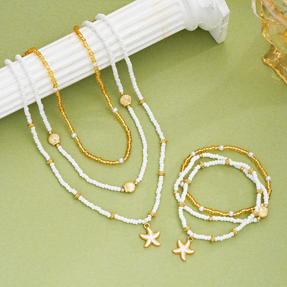 6 Teile/Set Reisperlen Muschel Seestern Anhänger Halskette Armbänder Bohemian Elegantes Gold Weiß Farbe Schmuck Set Urlaub Zubehör