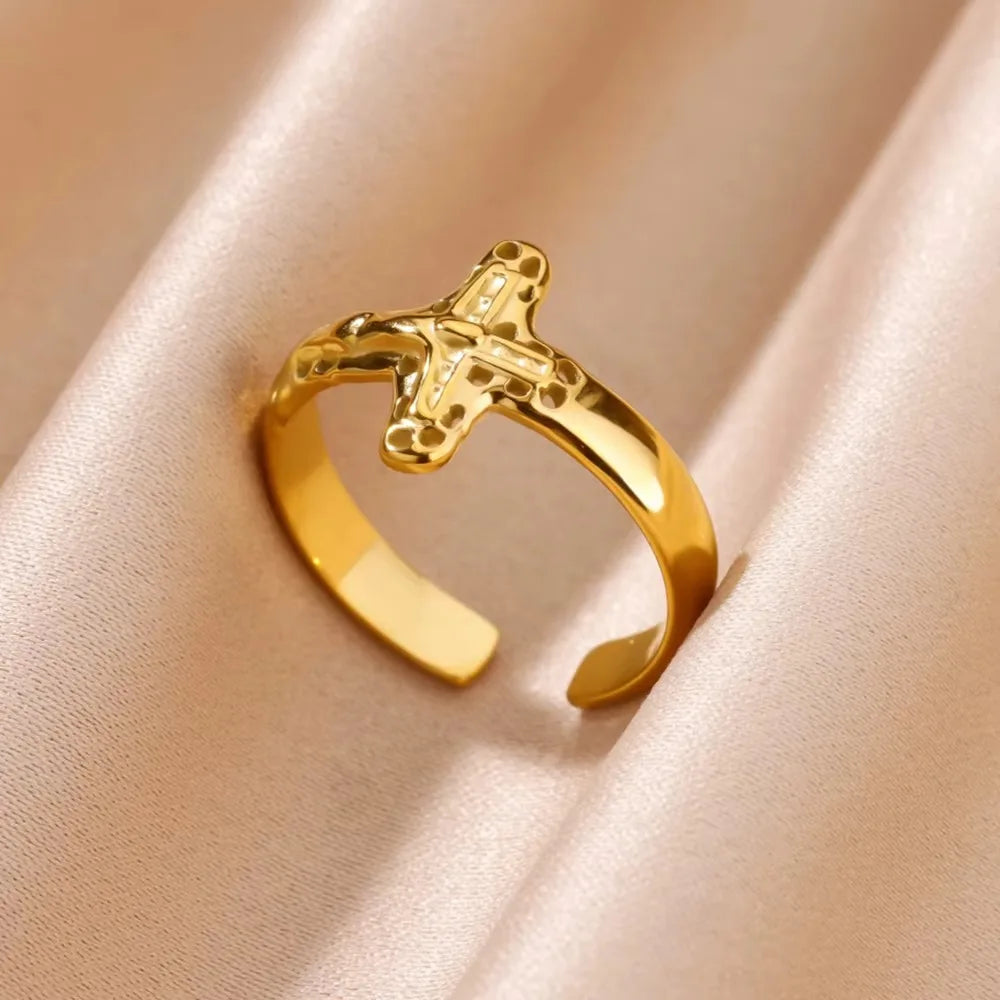 Edelstahl Kreuzringe für Frauen Vintage Gold Farbe Öffnung Kreuz Fingerring Party Hochzeit Schmuck Geschenk anillos mujer