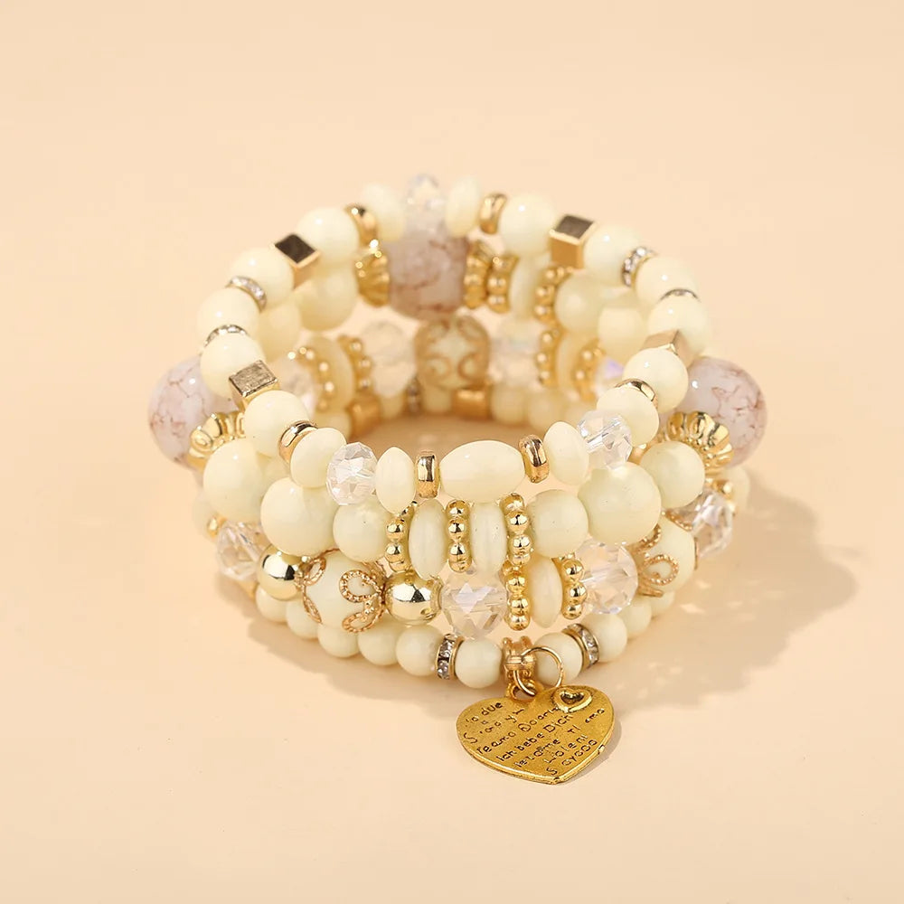 4er-Set Boho Kristallperlen-Kettenarmbänder für Damen, Vintage Herz-Anhänger, elastisches Armband, Damen Mode Party Schmuck