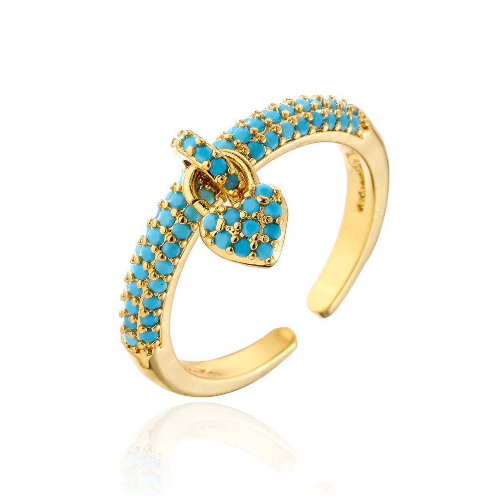 NEWBUY Fashion Bunte Zirkonia Pavé-Fassung Hochzeitsschmuck 2024 Trendiger Goldfarbener Herzanhänger Fingerring für Damen
